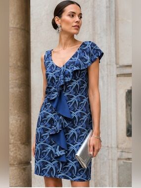 NWT Chiara Boni Floral Print Blue Ruffle Front V-Neck Sheath Dress US 6 Resort